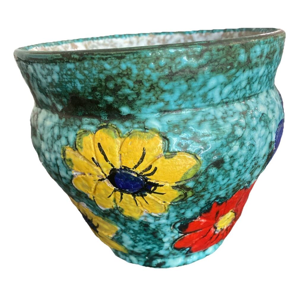 Vintage Handmade Italian Stoneware Speckled Glazed Pot Planter Floral Design